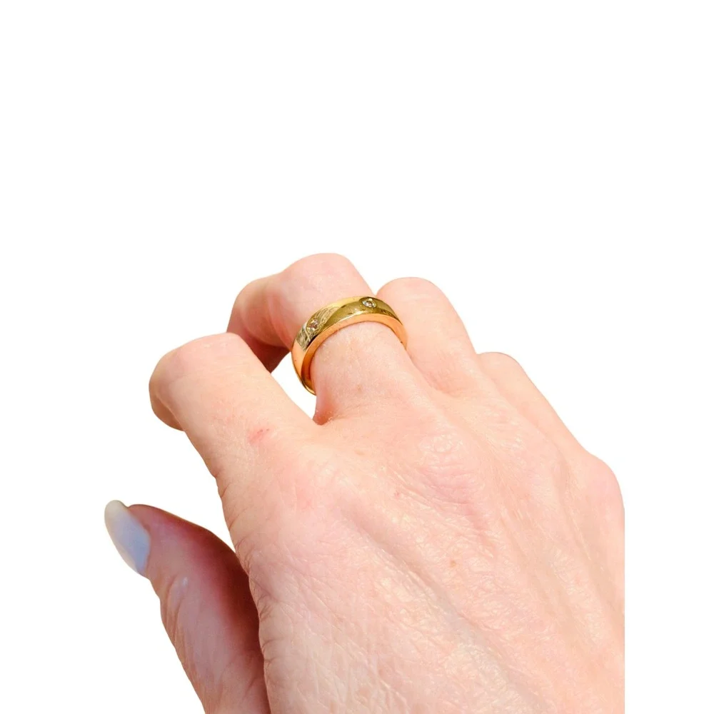 Gold Tone Cigar Band Ring with Three Clear Crystals Women Jewelry Sparkle SZ 6